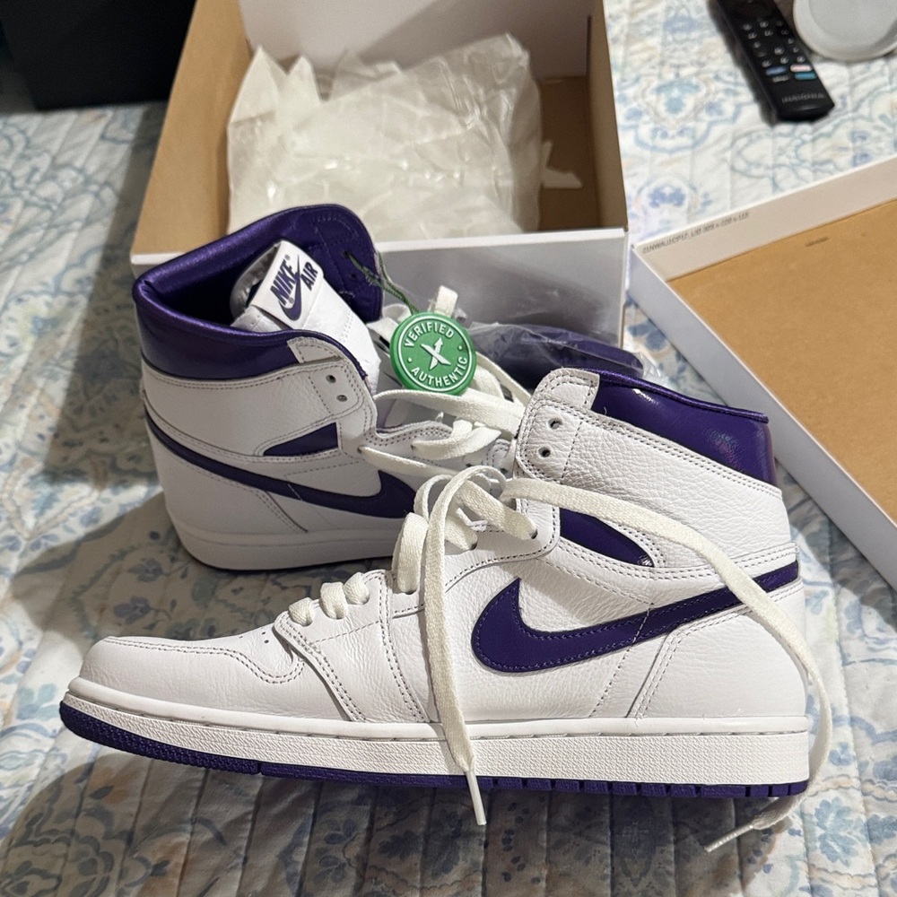 Women’s Air Jordan 1 High White and Court Purple High-Top Sneakers LSU 9.5